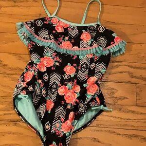 Wonder Nation Floral Swimsuit - Black and Mint